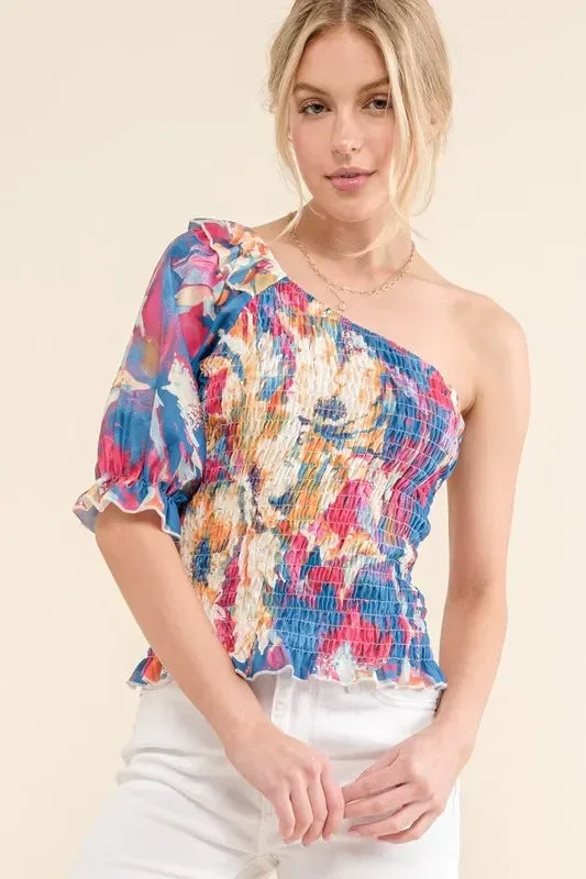 And The Why Allover Floral Print Smocked One Shoulder Blouse - DAVERRI FASHIONS