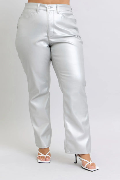 Judy Blue Full Size High Waist Silver Faux Leather Pants Plus Size - DAVERRI FASHIONS
