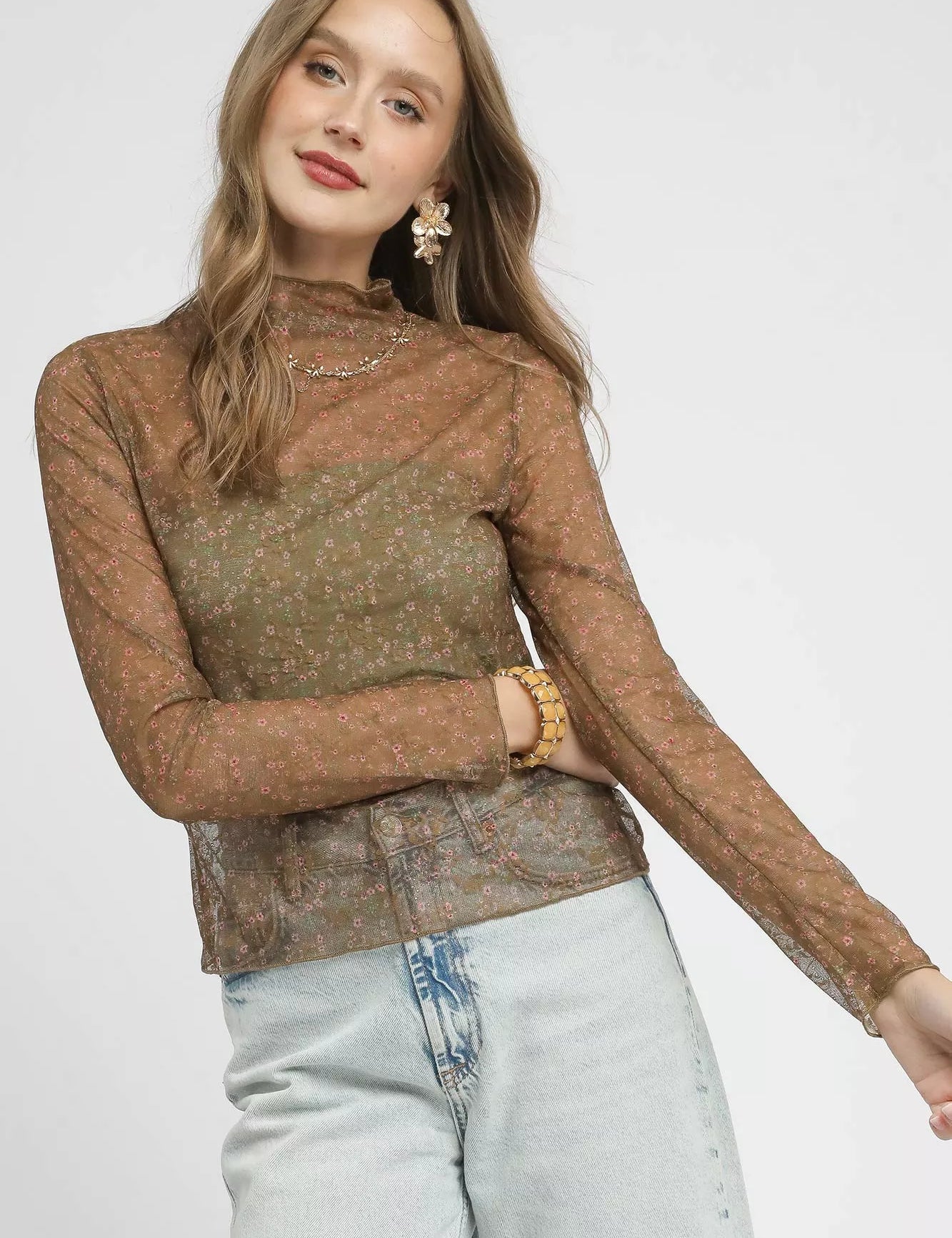 Brown Umgee Nylon Lace Mesh Long Sleeve Top | Tops Daverri Fashions