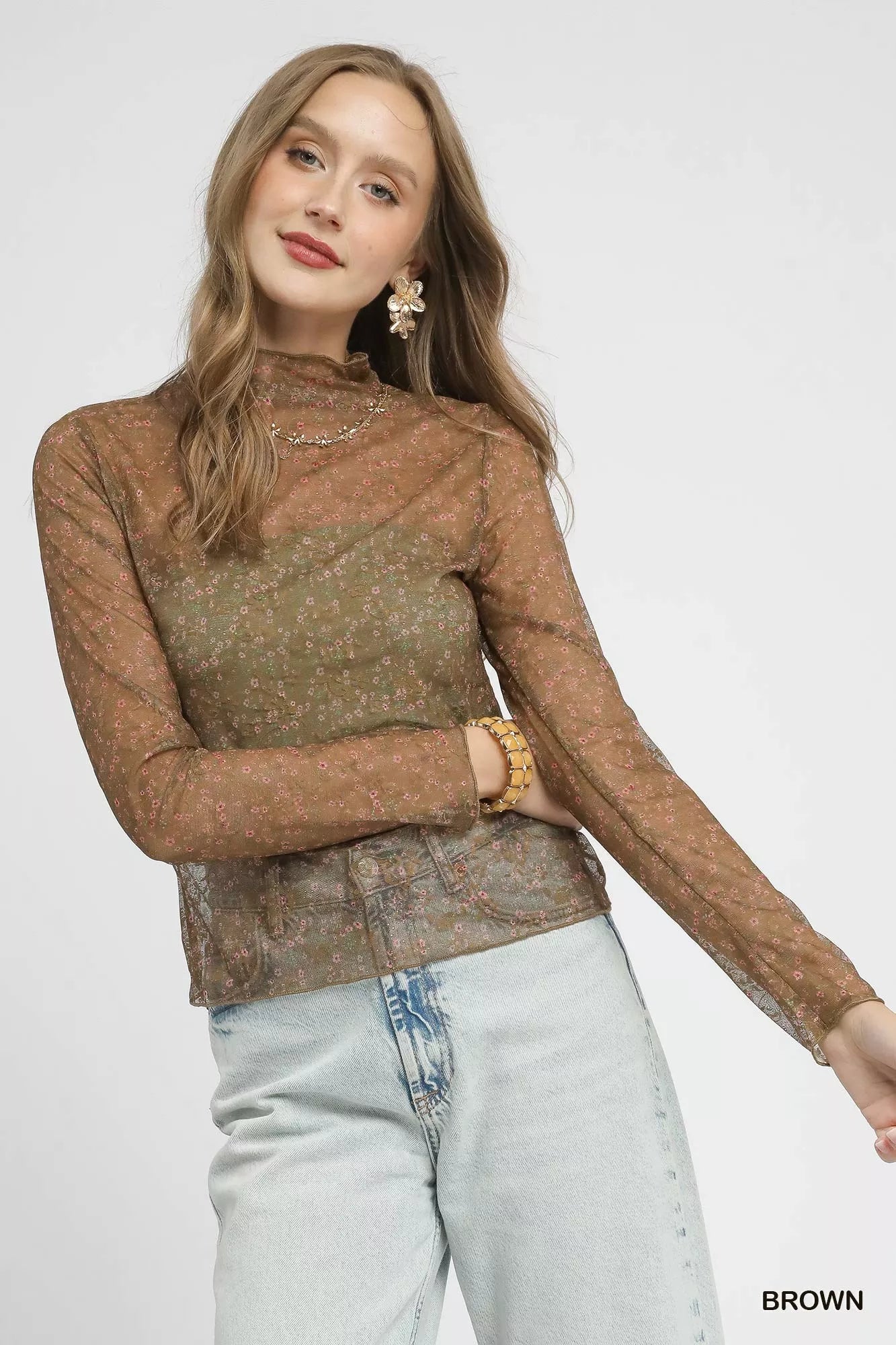 Brown Umgee Nylon Lace Mesh Long Sleeve Top | Tops Daverri Fashions