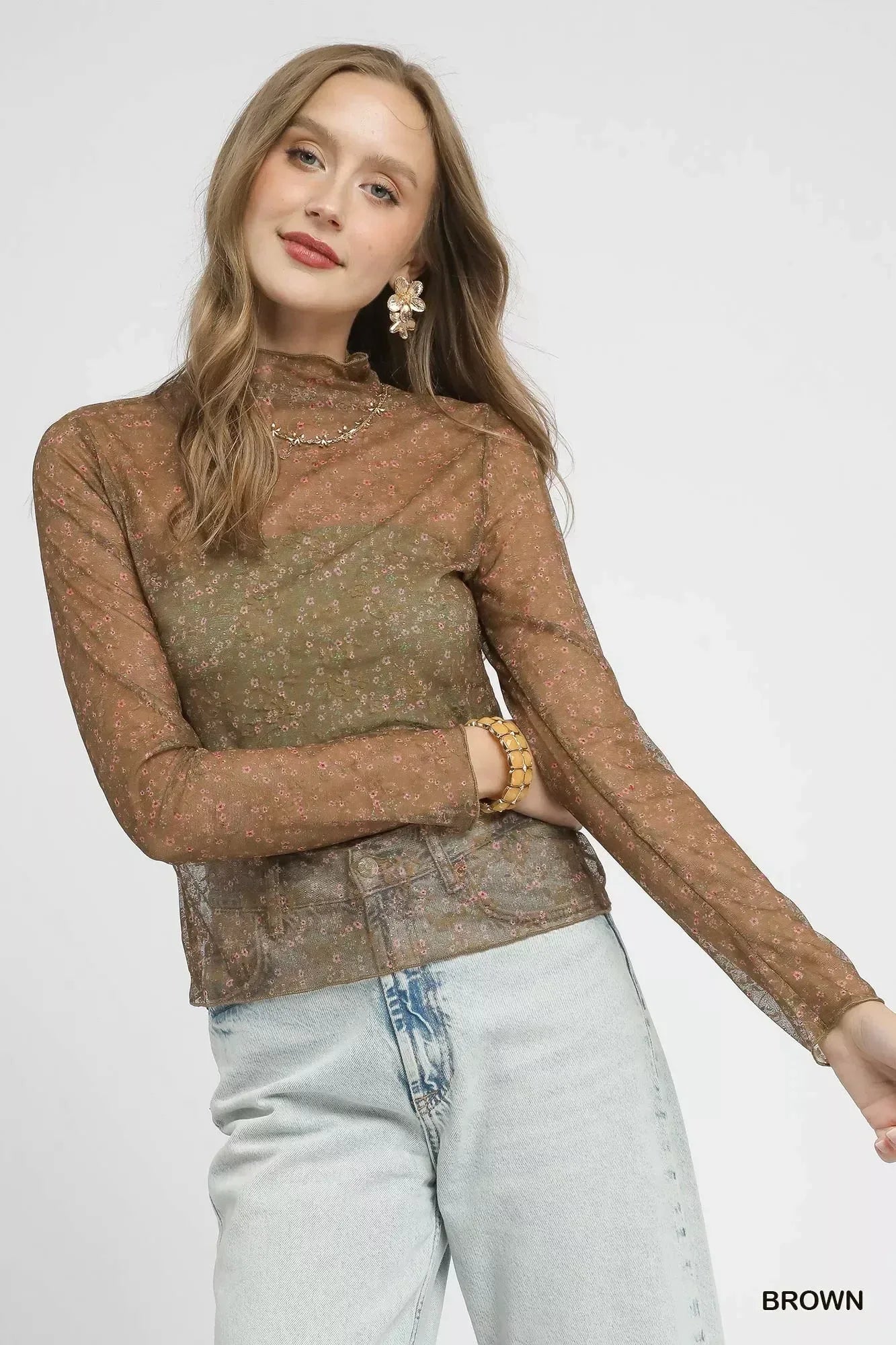 Umgee Nylon Lace Mesh Long Sleeve Top - DAVERRI FASHIONS