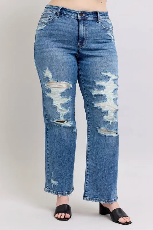 Judy Blue Full Size High Waist Heavy Destroy Straight Jeans Plus Size