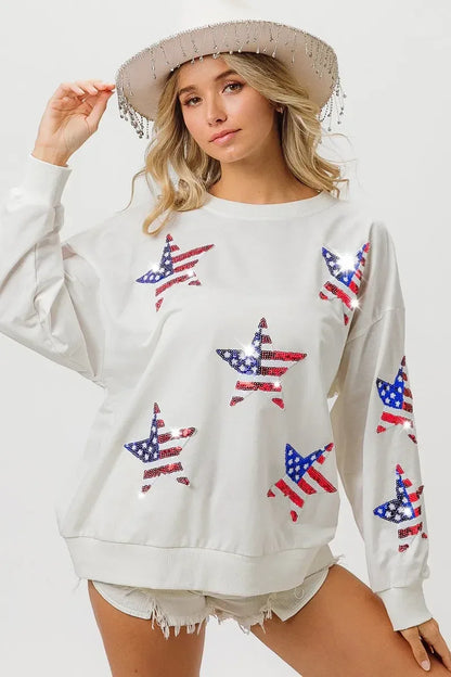 BiBi American Flag Sequin Star Sweatshirt - DAVERRI FASHIONS