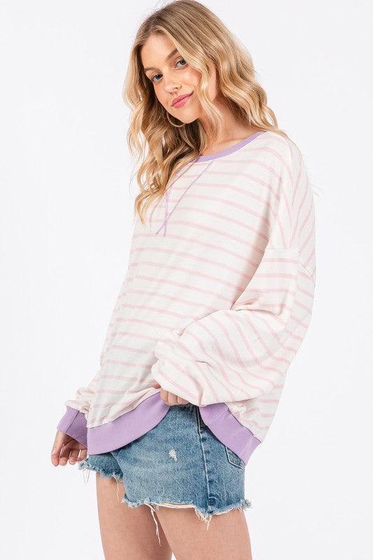 Ces Femme Striped Round Neck Drop Shoulder Sweatshirt Sweatshirts