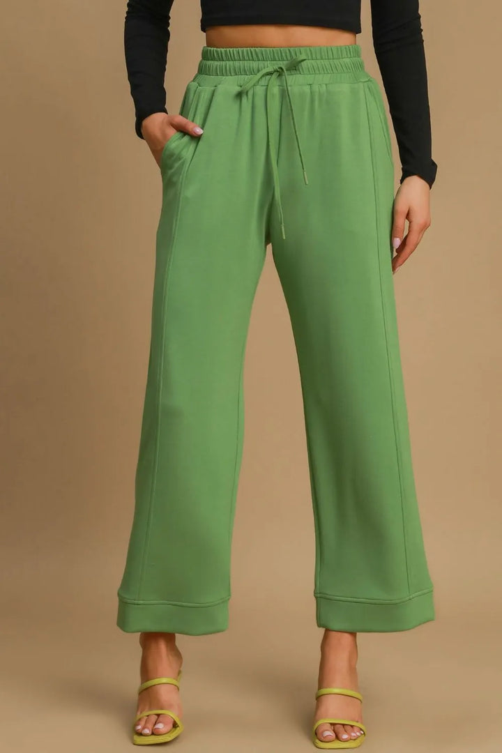 Umgee Drawstring Wide Leg Pants with Pockets Green