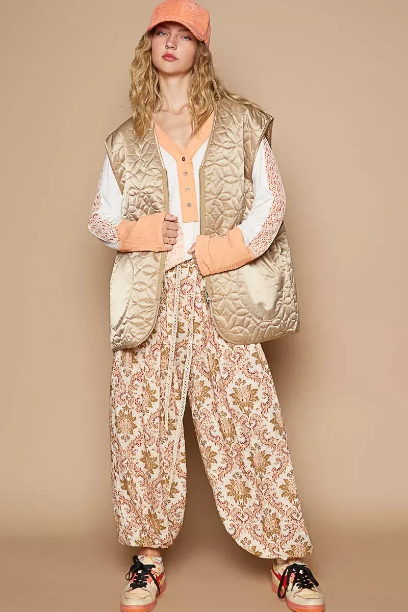 POL Front Zipper Floral Pattern Quilted Vest Coat with Front Pockets - DAVERRI FASHIONS