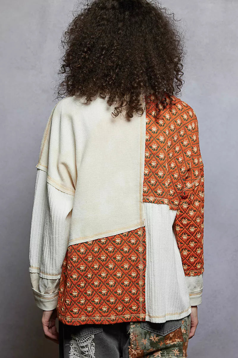 POL Contrast Patchwork Round Neck Long Sleeve Top | Tops Daverri Fashions