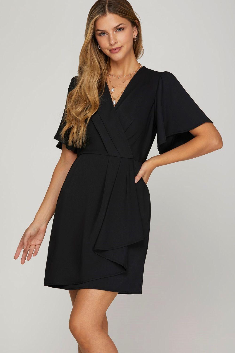 Black She + Sky Ruffled Surplice Short Flutter Sleeve Mini Dress | Mini Dresses Daverri Fashions
