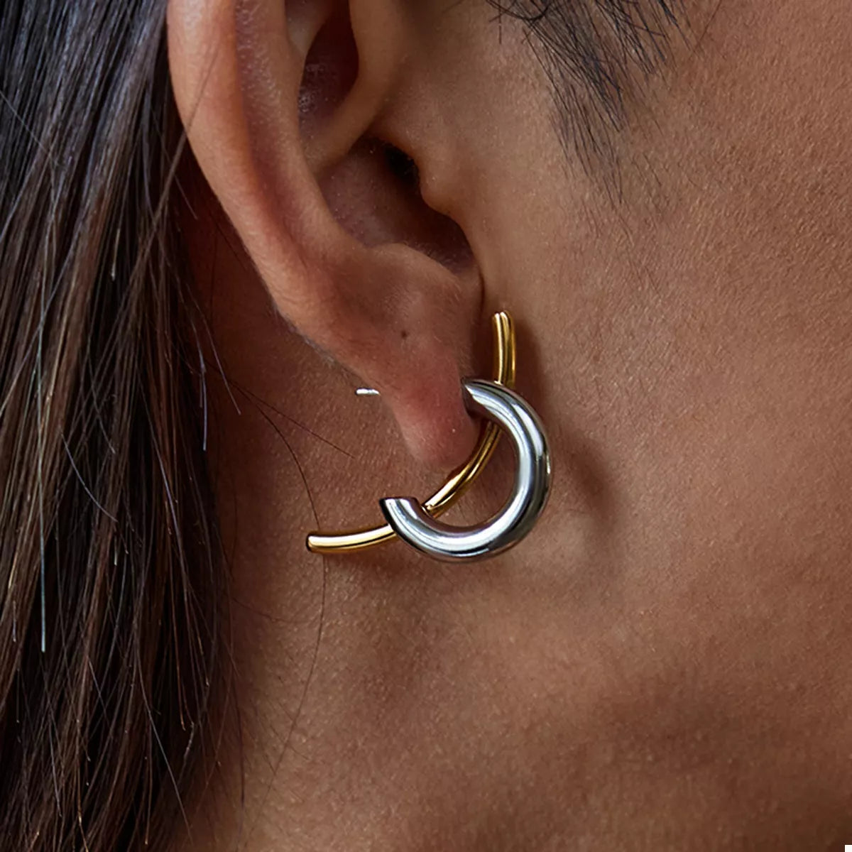 Silver onesize Two-Tone Modern C-Hoop Earrings | Earrings Daverri Fashions