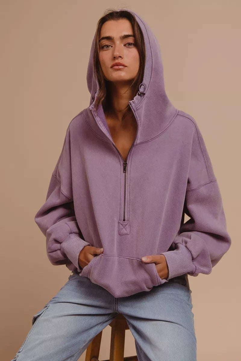 BiBi Stitch Detailed Elastic Hem Half Zip Fleece Hoodie | Hoodies Daverri Fashions