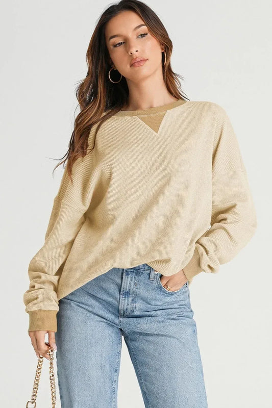 Waffle-Knit Long Sleeve Sweatshirt - DAVERRI FASHIONS