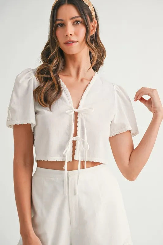 MABLE Crochet Lace Detail Crop Top and Shorts Set