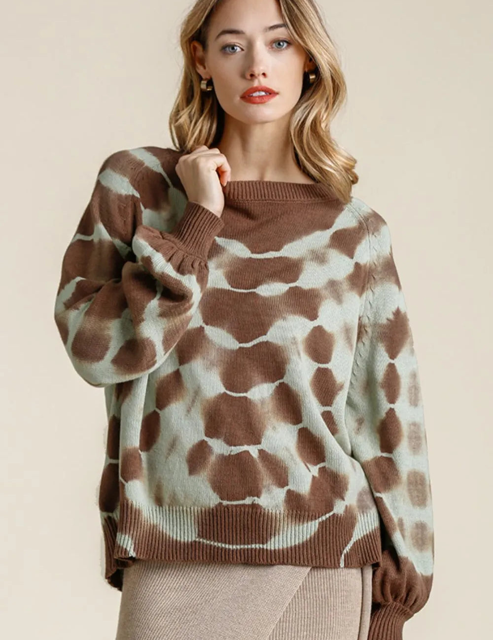 Coffee Brown Umgee Full Size Ribbed Hem Tie Dye Round Neck Sweater Plus Size | Daverri Fashions