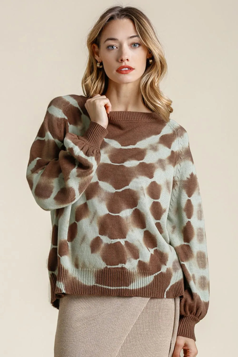 Coffee Brown Umgee Full Size Ribbed Hem Tie Dye Round Neck Sweater Plus Size | Daverri Fashions
