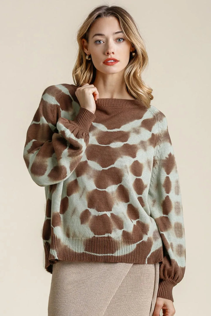 Coffee Brown Umgee Full Size Ribbed Hem Tie Dye Round Neck Sweater Plus Size | Daverri Fashions