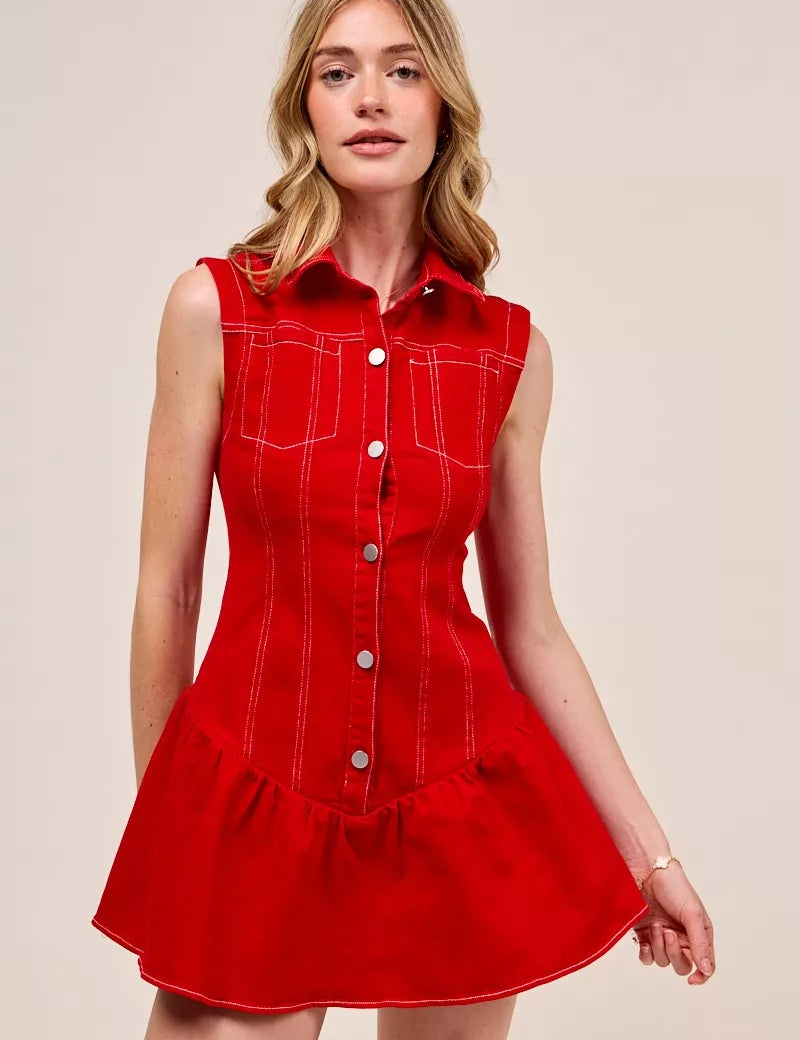 RED SO ME Button Down Sleeveless Collared Game Day Mini Dress | Mini Dresses Daverri Fashions
