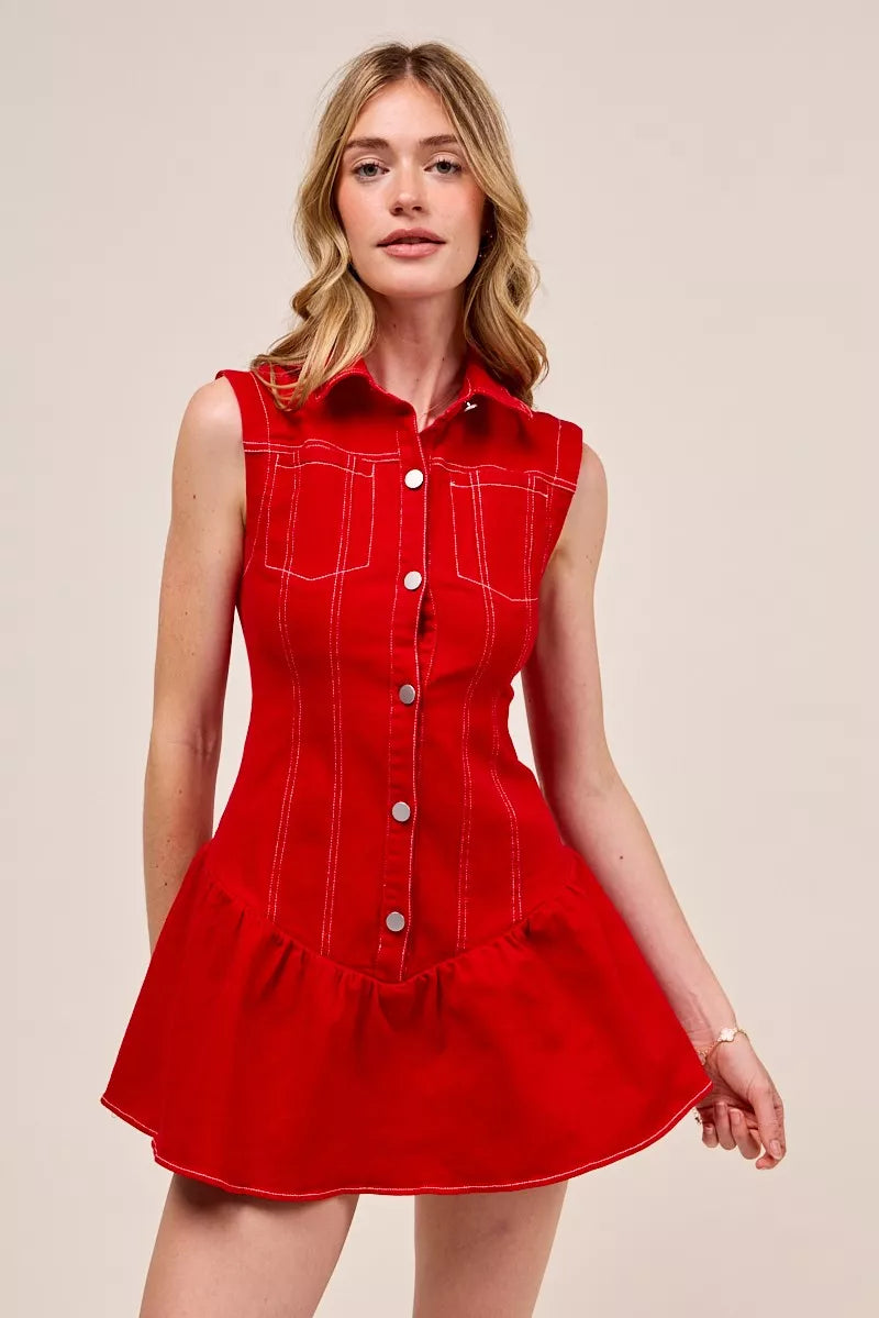 RED SO ME Button Down Sleeveless Collared Game Day Mini Dress | Mini Dresses Daverri Fashions