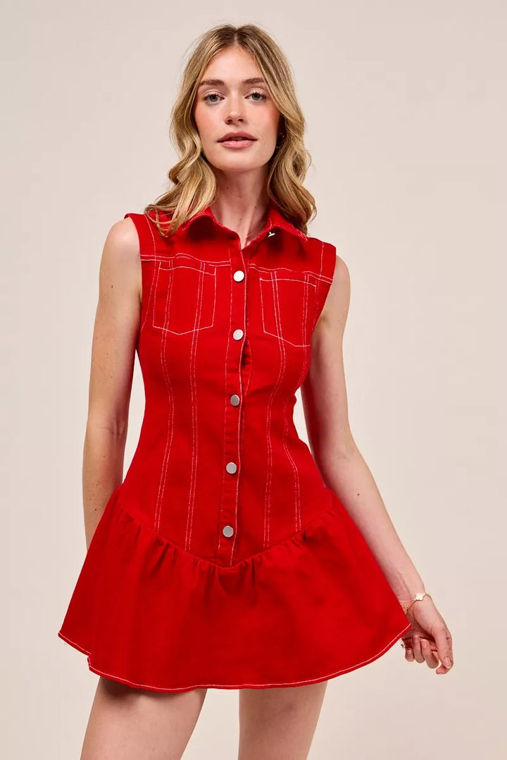 RED SO ME Button Down Sleeveless Collared Game Day Mini Dress | Mini Dresses Daverri Fashions