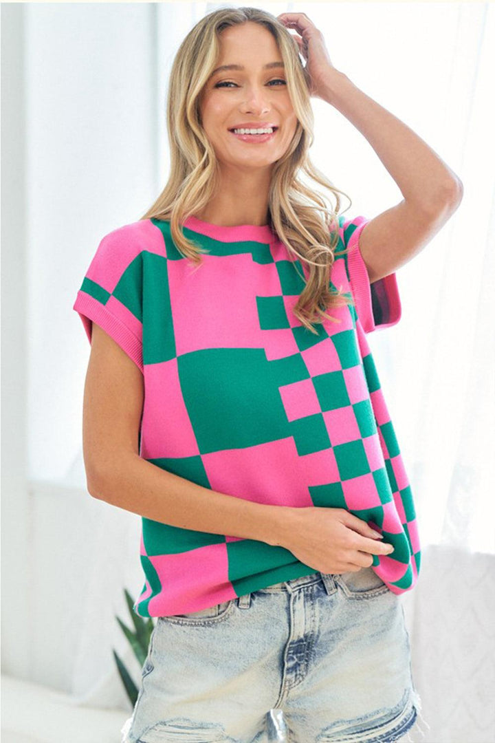 Checkered Drop Shoulder Knit Top Shirts & Tops