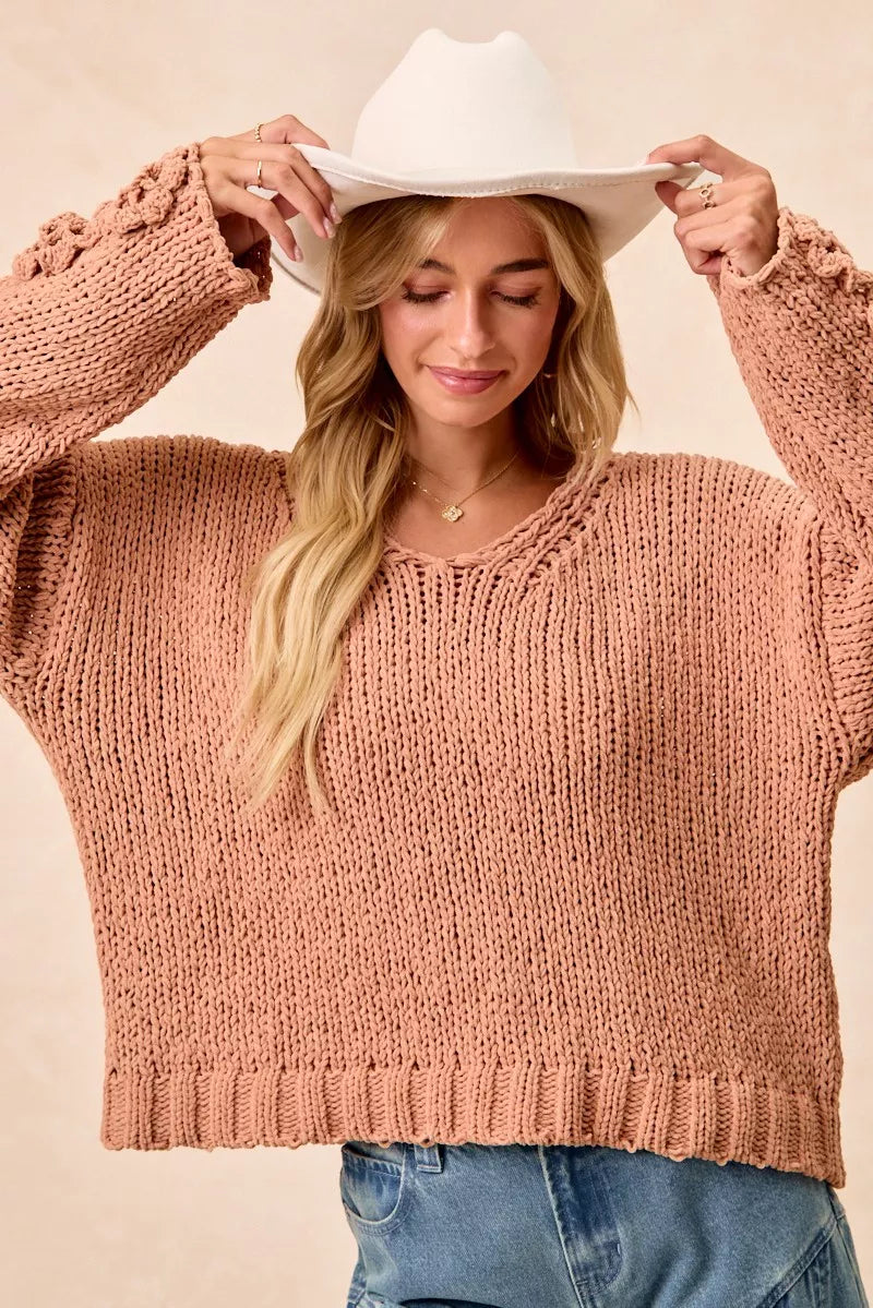 BiBi Chunky Knit Sweater with Flower Detail Sleeves | Sweaters Daverri Fashions