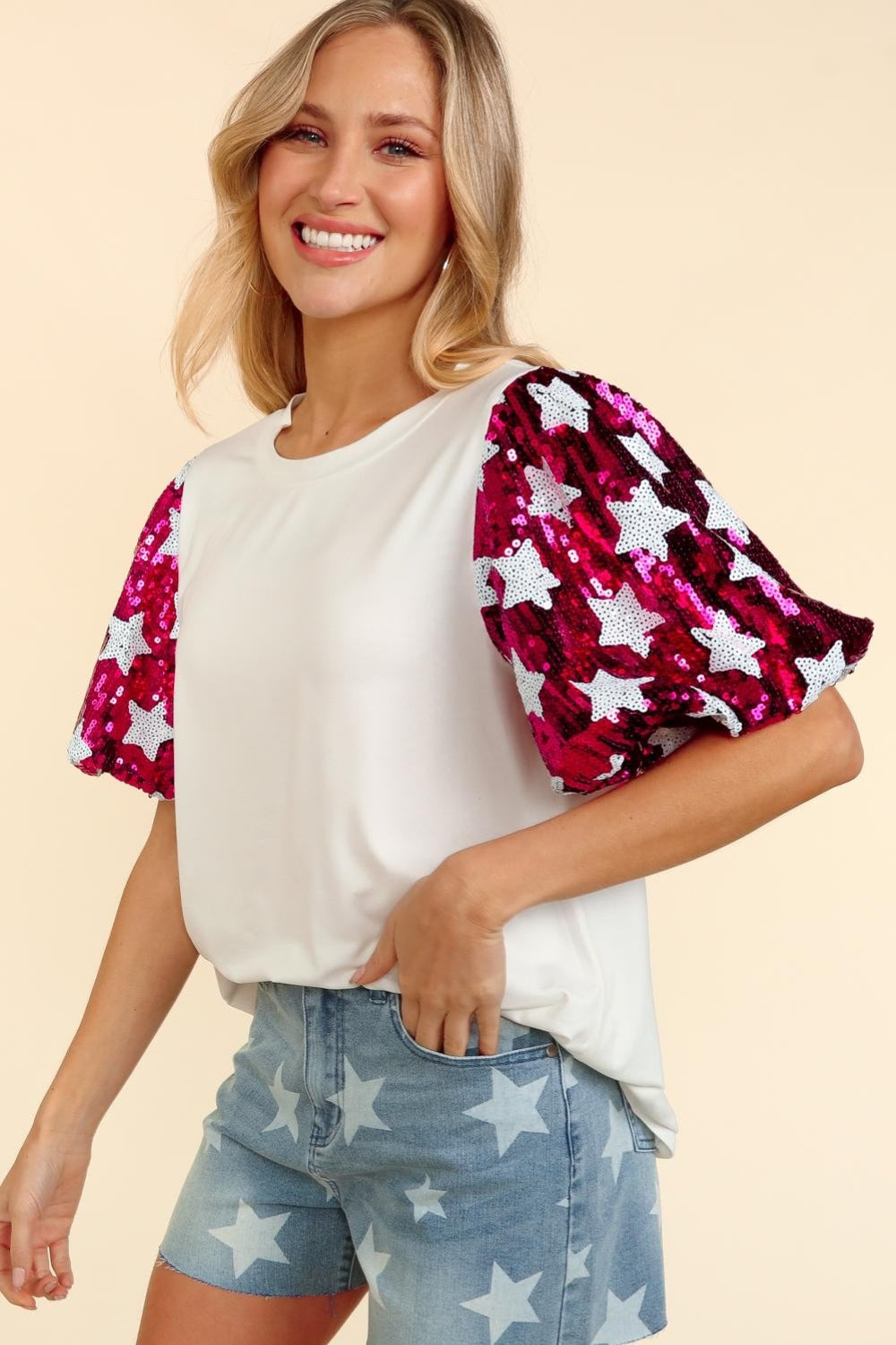 Haptics Star Sequin Bubble Short Sleeve Top White Magenta