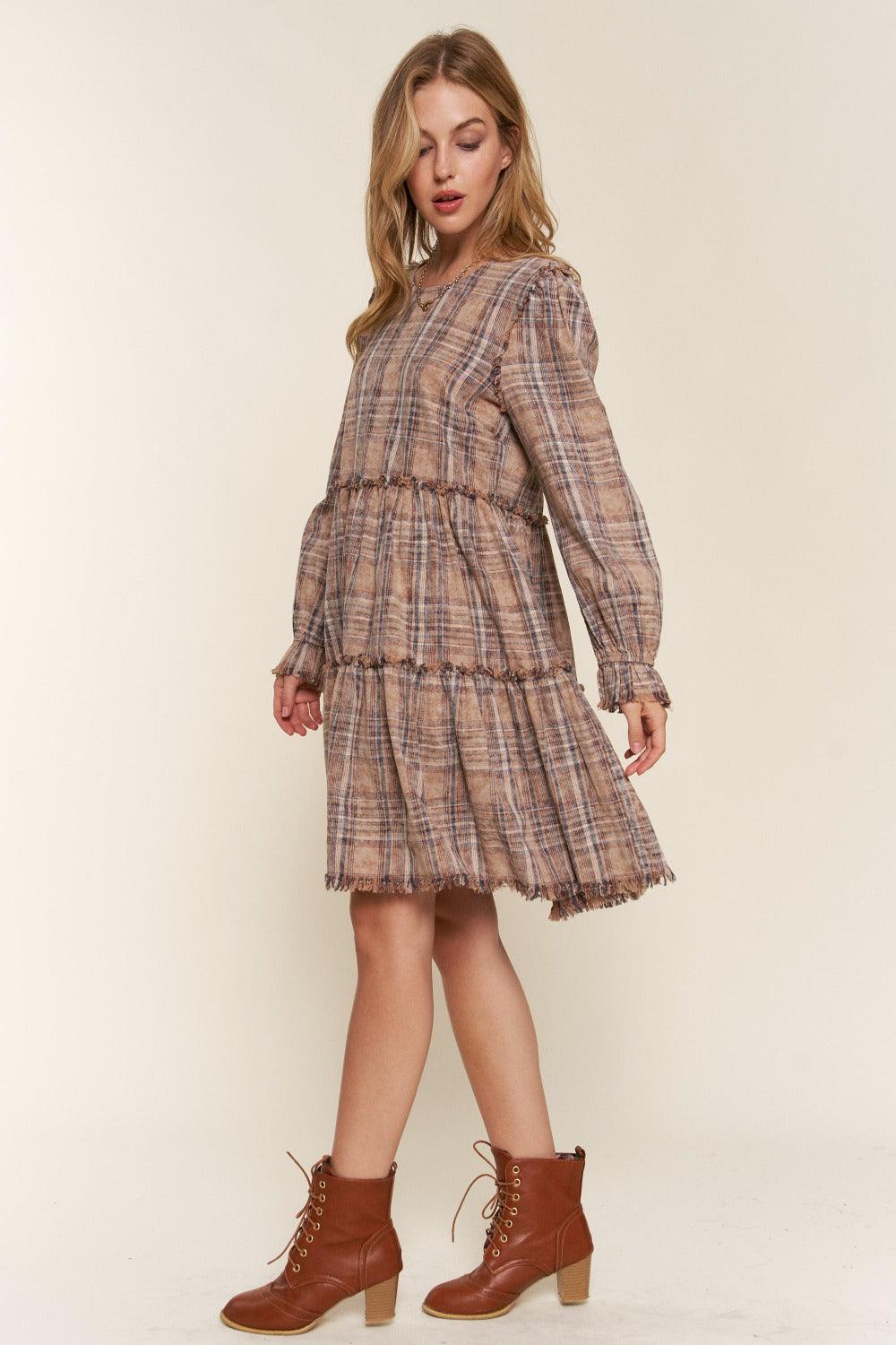 And The Why Full Size Washed Frayed Tiered Plaid Dress | Daverri Fashions