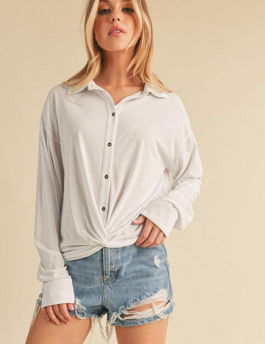 Aemi + Co Twisted Hemline Button Detail Collared Neck Top | Tops Daverri Fashions