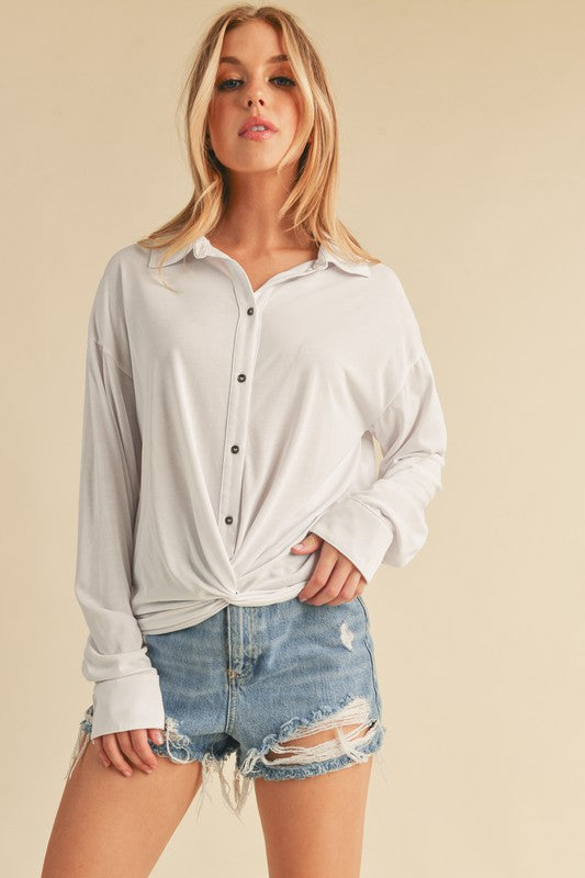 Aemi + Co Twisted Hemline Button Detail Collared Neck Top