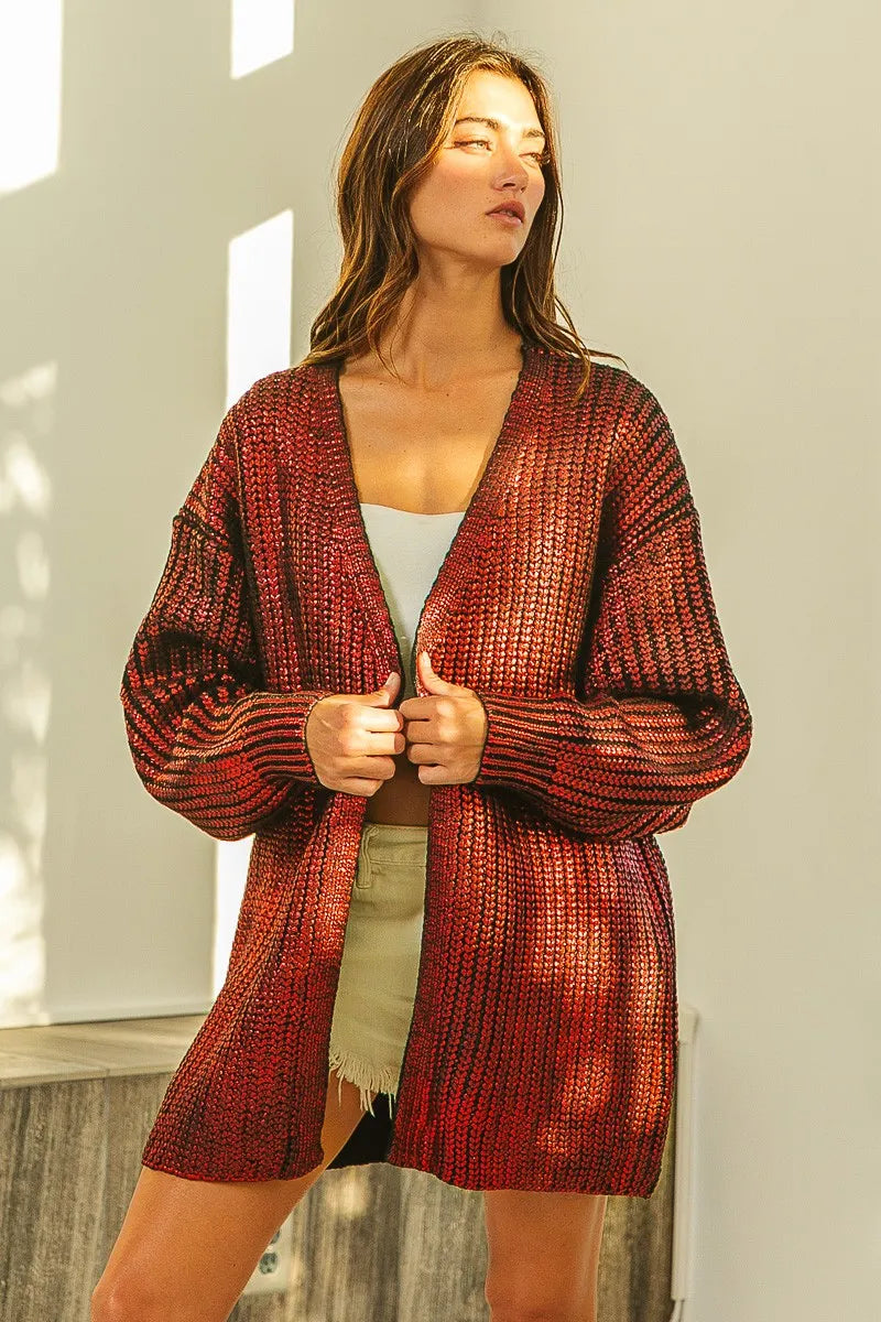 Cozy oversized red black textured knit V-neck cardigan with ribbed hem