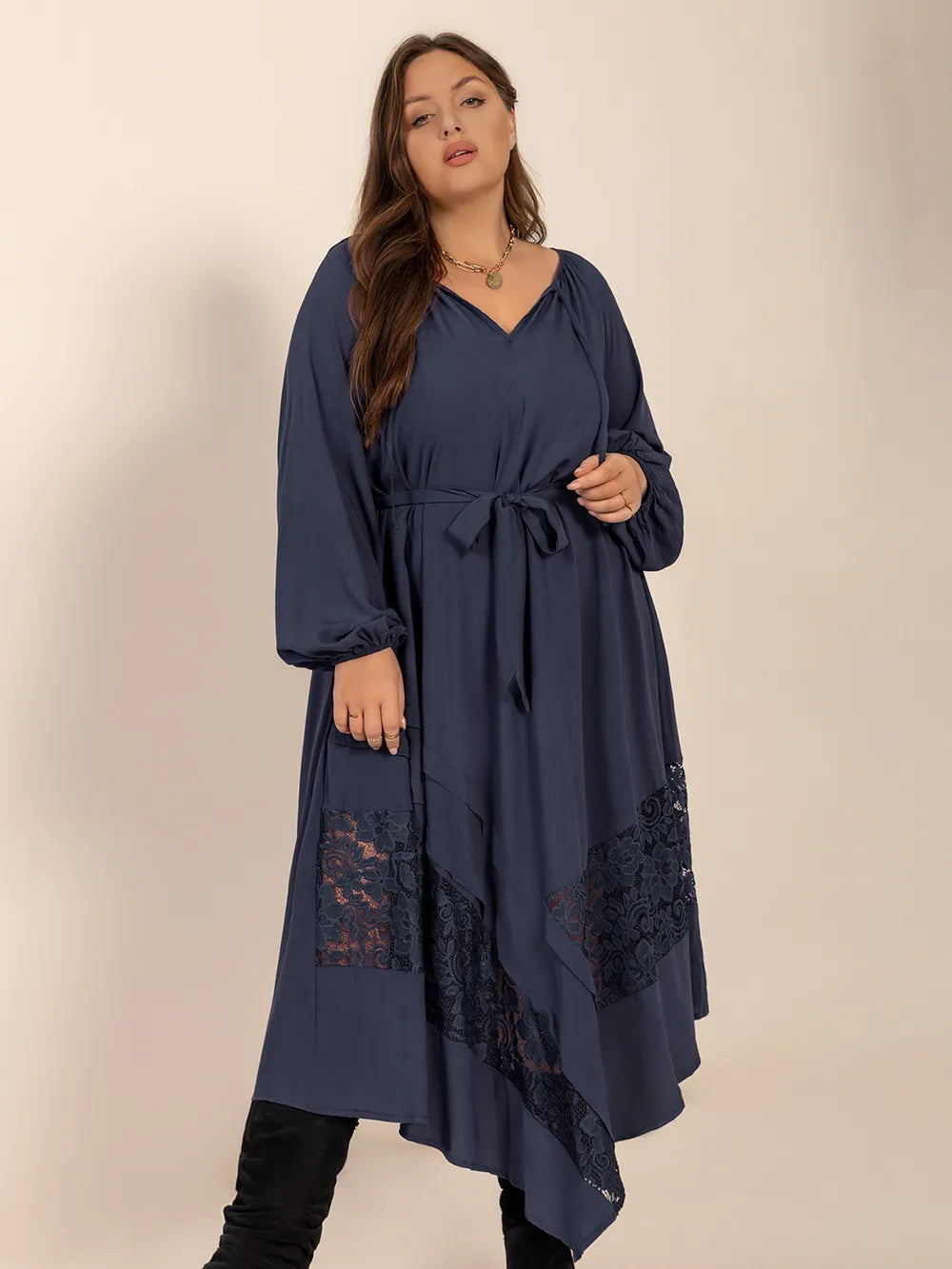 Plus Size Lace Detail Tie Neck Long Sleeve Midi Dress | Midi Dresses Daverri Fashions