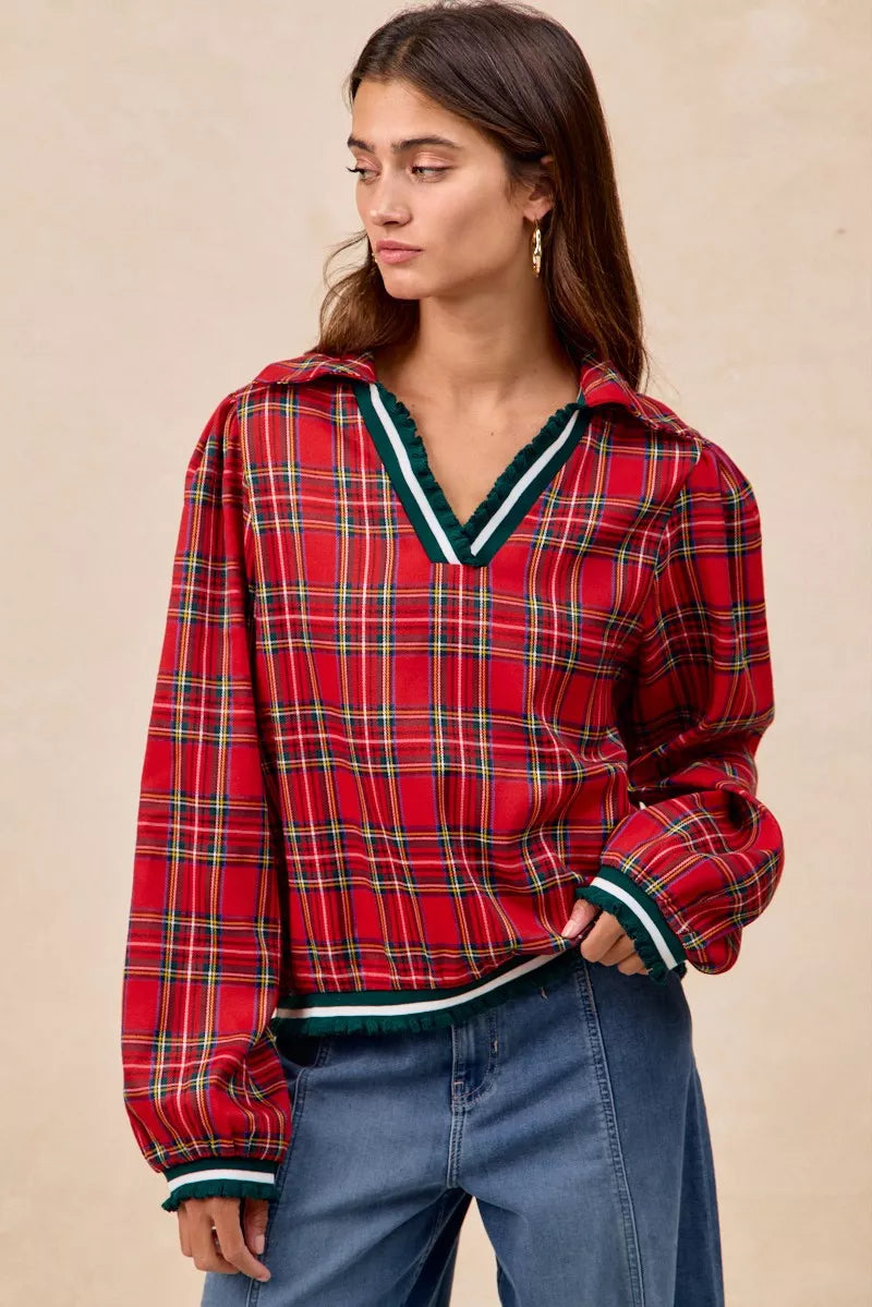 Red plaid flannel BiBi Christmas collared top with ruffles