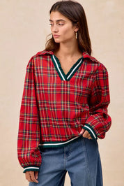 Red plaid flannel BiBi Christmas collared top with ruffles