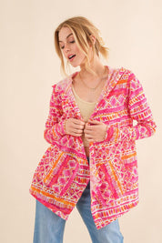 Coral Multi And The Why Full Size Printed Thermal Hooded Open Front Cardigan | Cardigans Daverri Fashions