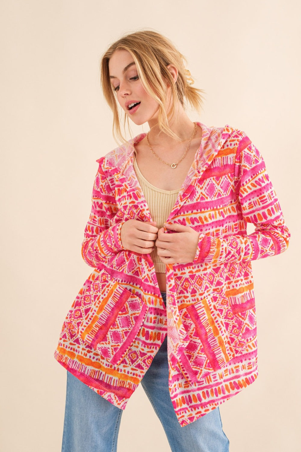 And The Why Full Size Printed Thermal Hooded Open Front Cardigan Coral Multi Cardigans