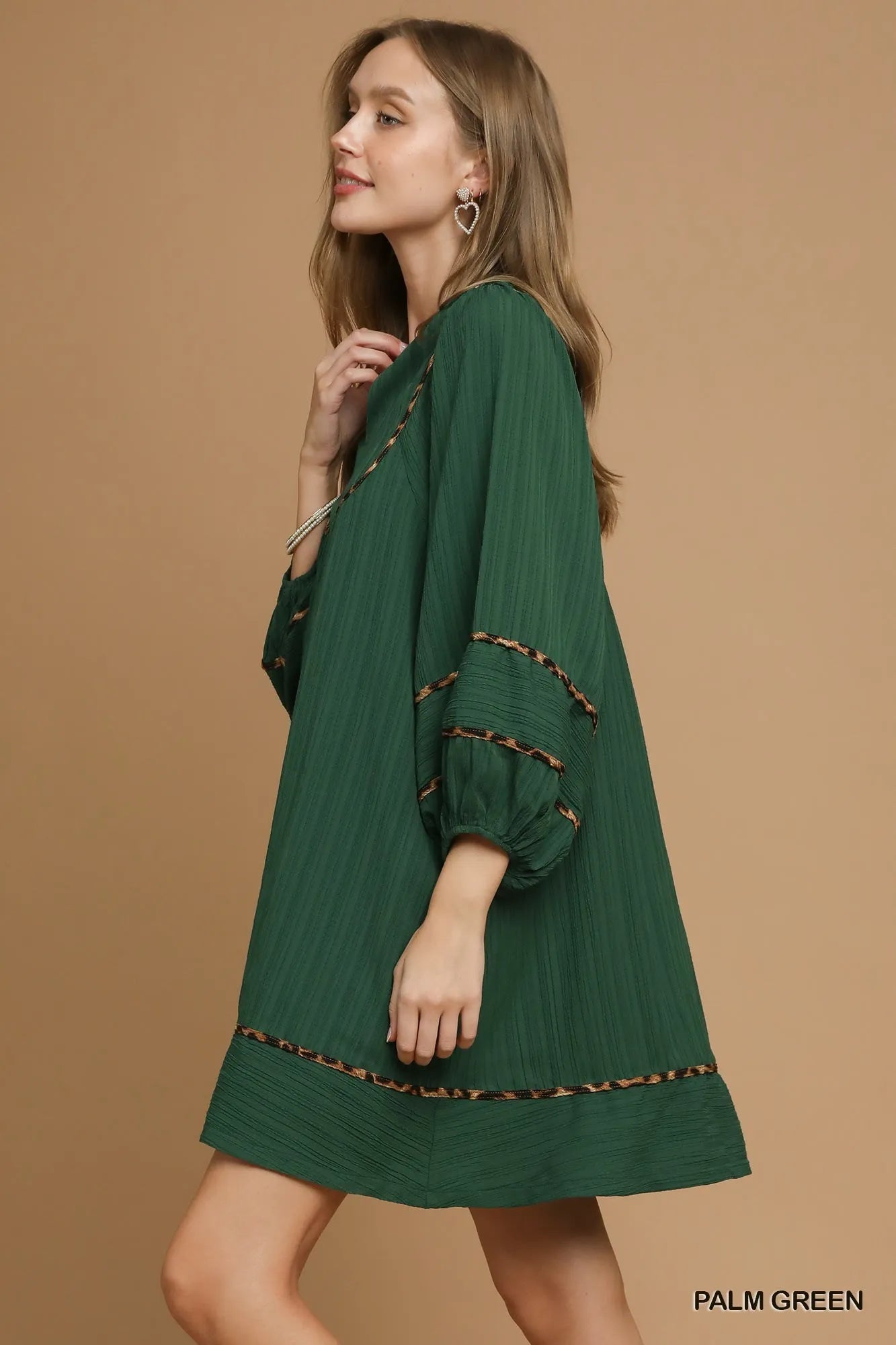 Umgee Textured Babydoll Dress with Leopard Trim | Daverri Fashions