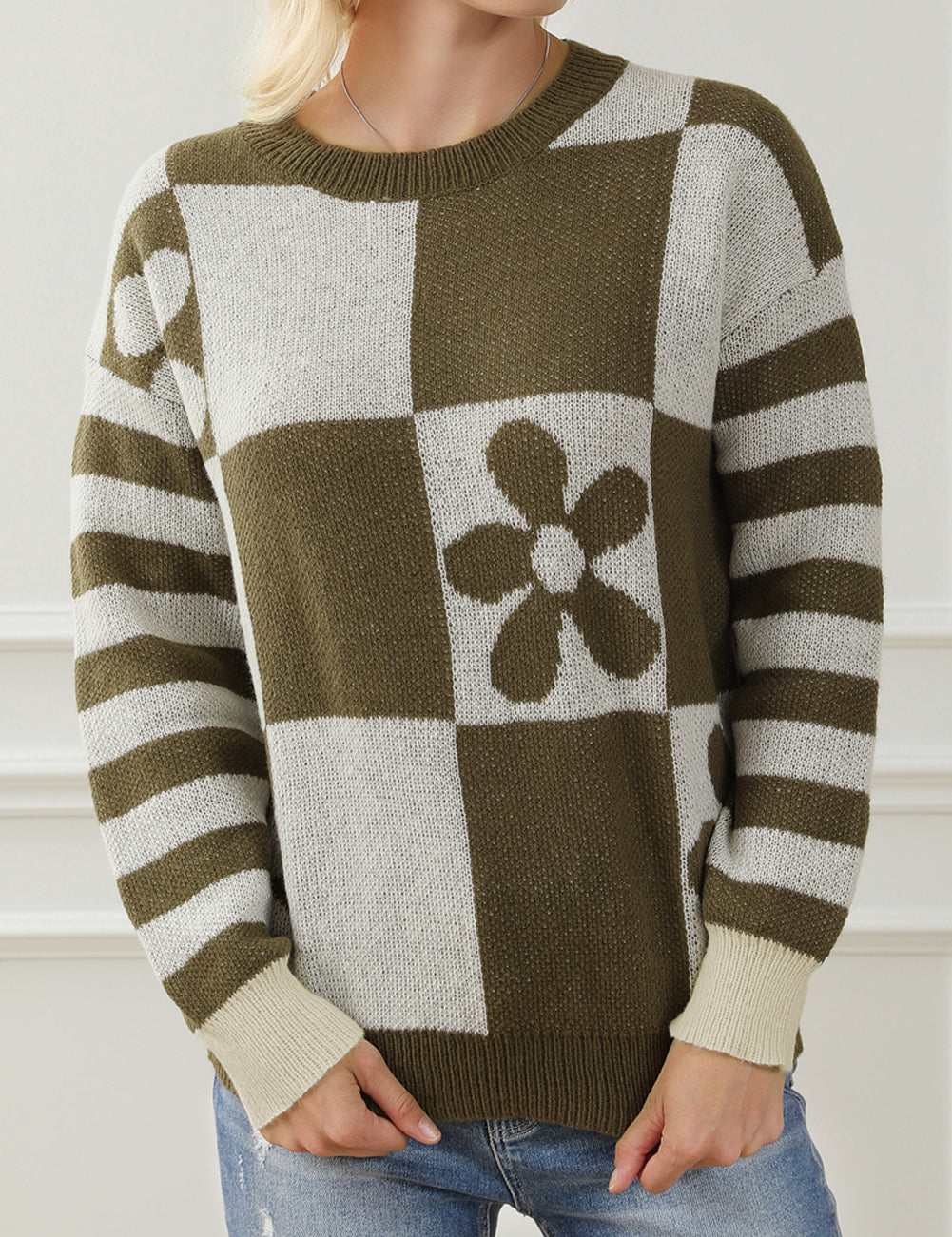 Mist Green 100%Polyester Checkered Floral Print Striped Sleeve Sweater | Sweaters Daverri Fashions