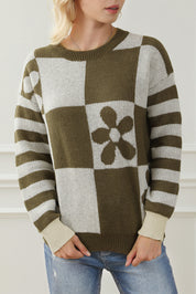 Mist Green 100%Polyester Checkered Floral Print Striped Sleeve Sweater | Sweaters Daverri Fashions