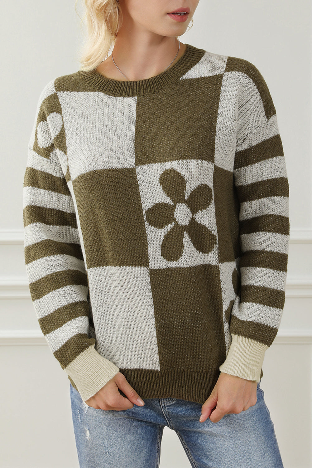Mist Green 100%Polyester Checkered Floral Print Striped Sleeve Sweater | Sweaters Daverri Fashions