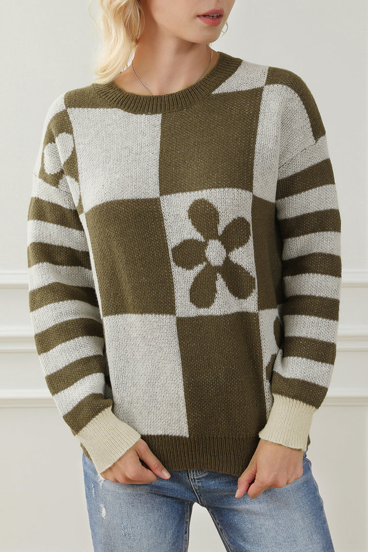 Mist Green 100%Polyester Checkered Floral Print Striped Sleeve Sweater | Sweaters Daverri Fashions