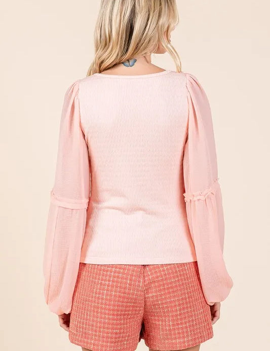 Mittoshop Mixed Media Textured Knit Chiffon Long Sleeve Top | Blouses Daverri Fashions