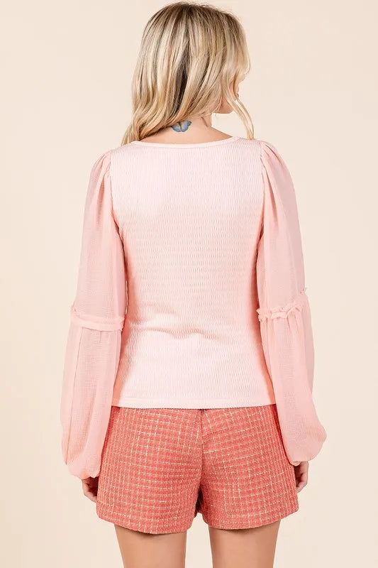 Mittoshop Mixed Media Textured Knit Chiffon Long Sleeve Top Blouses