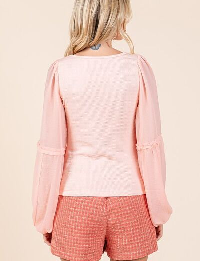 Mittoshop Mixed Media Textured Knit Chiffon Long Sleeve Top Tops