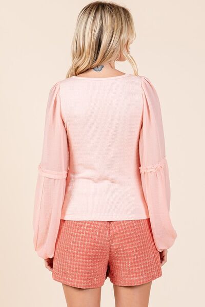 Mittoshop Mixed Media Textured Knit Chiffon Long Sleeve Top Tops