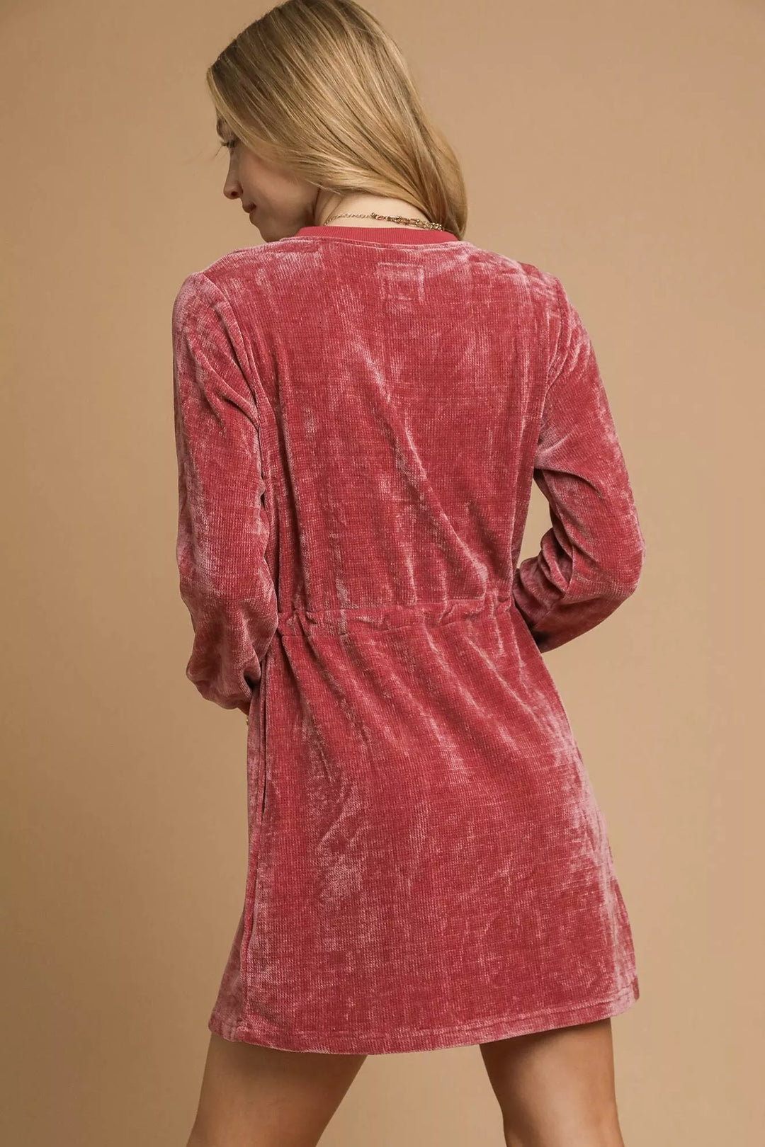 Umgee Velour Drawstring Mini Dress with Long Sleeves | Daverri Fashions