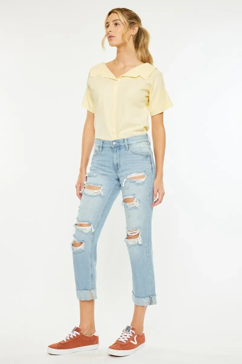 Kancan Mid Rise Distressed Boyfriend Jeans - DAVERRI FASHIONS