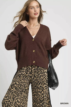 Umgee Button-Front V-Neck Knit Cardigan Brown - DAVERRI FASHIONS