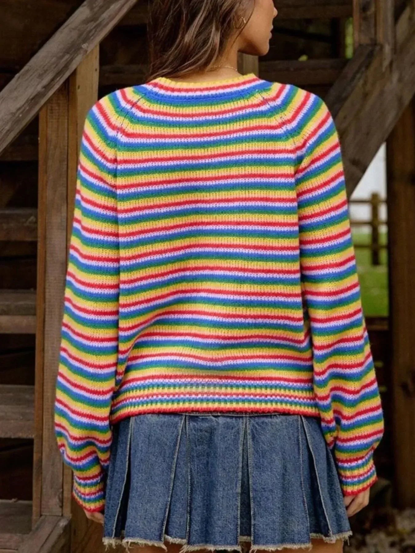 Rainbow Striped Pullover Sweater - DAVERRI FASHIONS