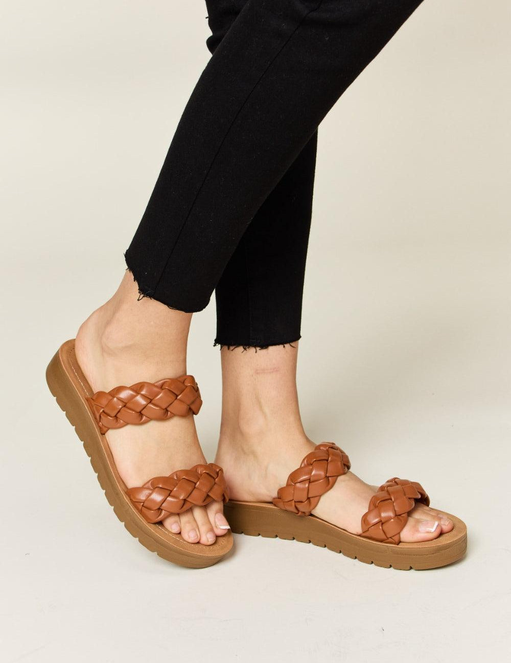 WILD DIVA Woven Dual Band Platform Sandals Whisky Sandals