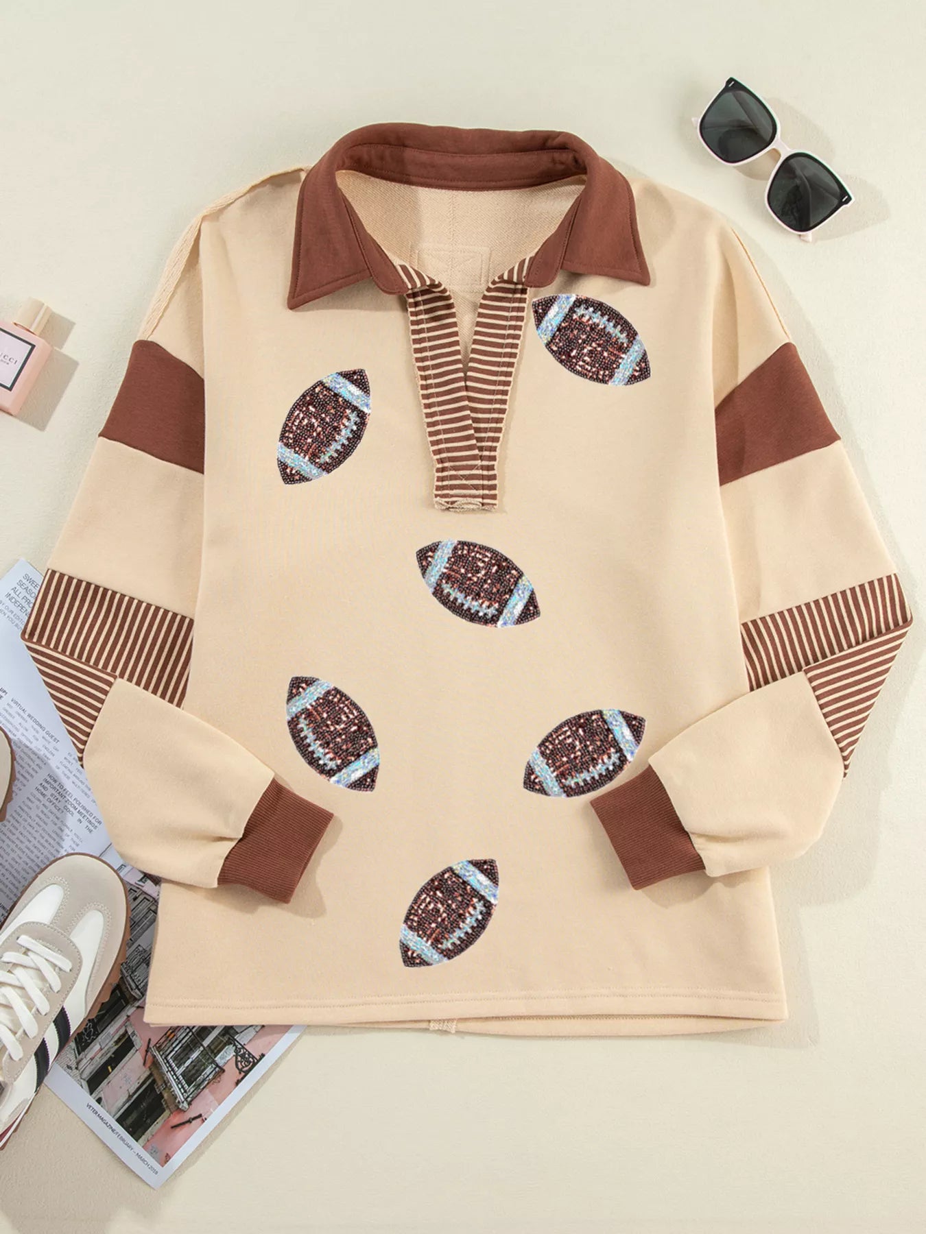 Color Block Striped Patchwork Sequin Rugby Graphic Polo Sweatshirt | Sweatshirts Daverri Fashions
