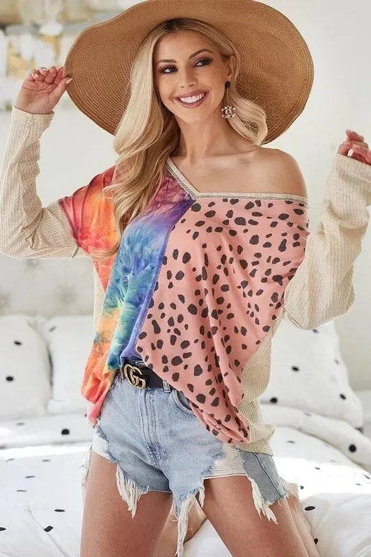 BiBi Print Block V Neck Top with Contrast Stitching - DAVERRI FASHIONS